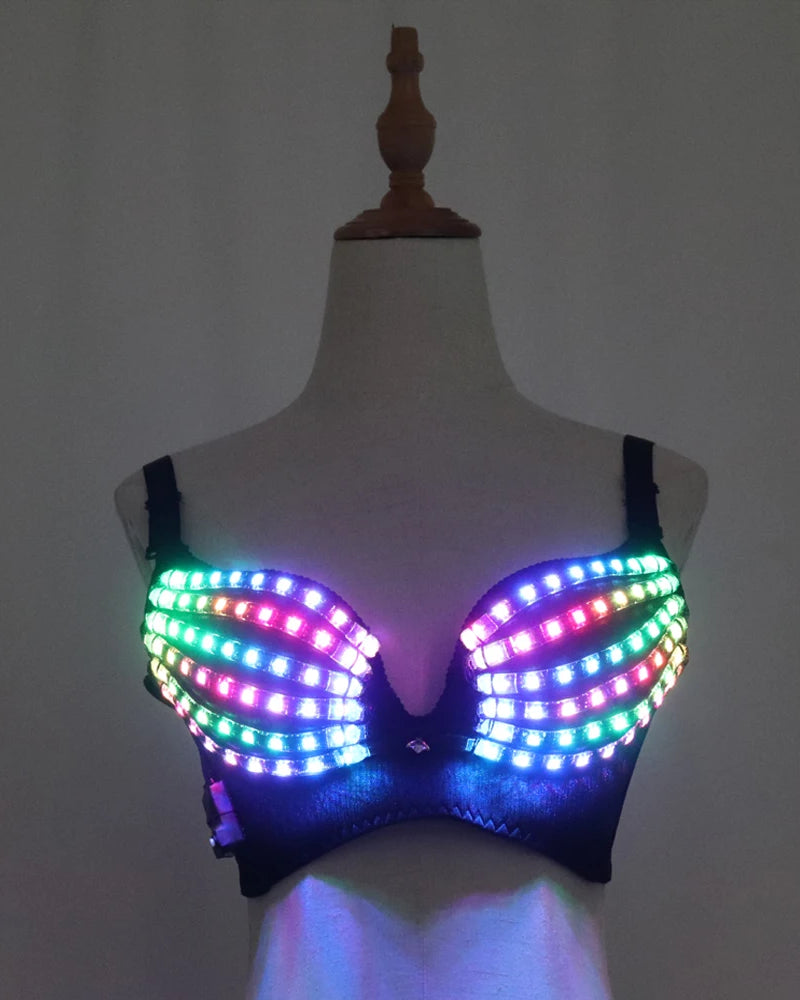 Black LED rave bra featuring multi-colored glowing light strips on a supportive fabric base, displayed on a mannequin.