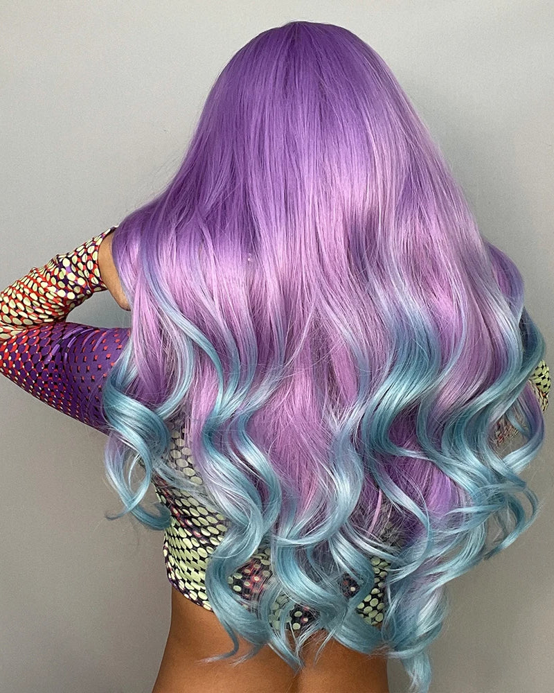 Long Synthetic Wig for Cosplay with flowing purple and teal curls. Heat resistant fibers.