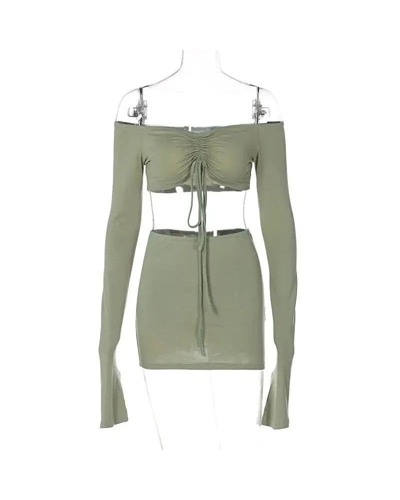 Green Long Sleeve Crop Top with Mini Skirt