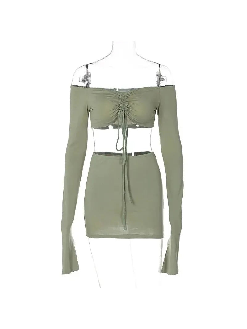 Green Long Sleeve Crop Top with Mini Skirt