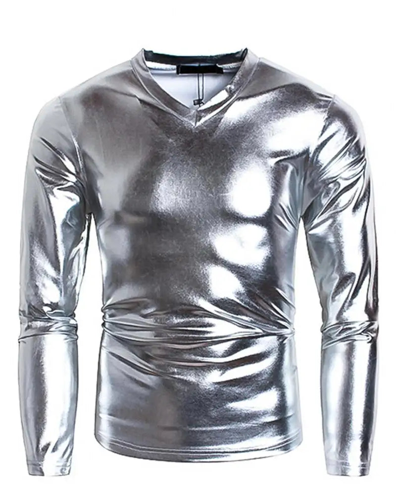 Silver Long Sleeve T-Shirt with Flat V-neck