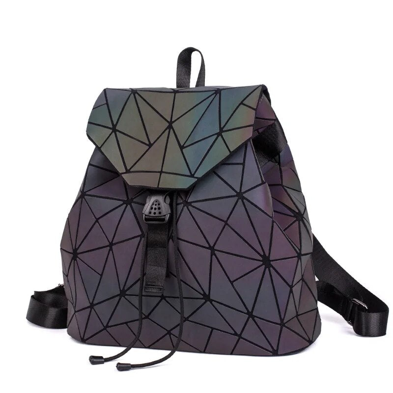 Holographic Backpack with geometric design in PU leather, perfect for rave outfits and stylish accessory.