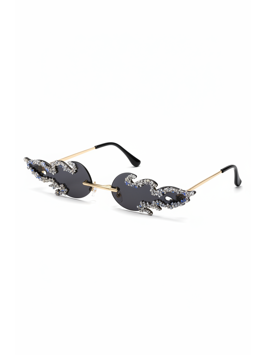 Luna Flame Crystal Rimless Sunglasses with black lenses, gold arms, and blue/clear flame-shaped crystal embellishments.