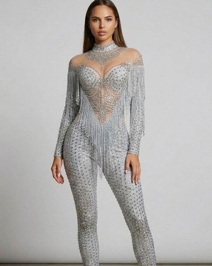 Luna Rhinestone Fringe Jumpsuit: full-length, silver, with sheer mesh high-neck and dramatic fringe cape.