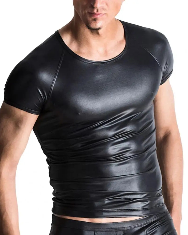 M Black Faux Leather Elastic Short-Sleeve T-Shirt