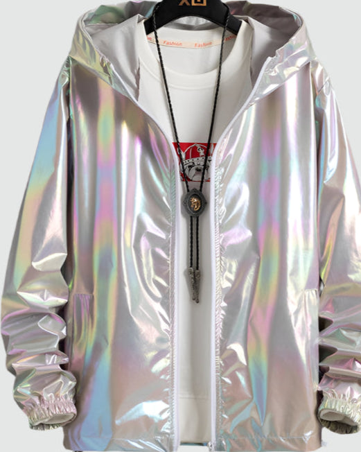 Grey Holographic Reflective Hooded Jacket with shiny iridescent finish, perfect for rave parties.