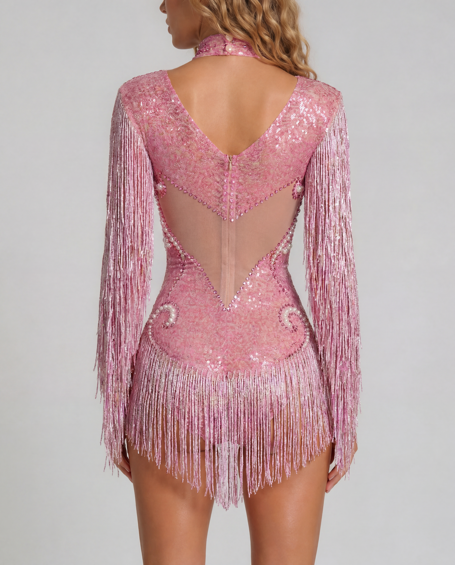 Madison Pink Pearl Fringe Bodysuit, featuring hand-glued rhinestones, sequins, and cascading pearl fringe.