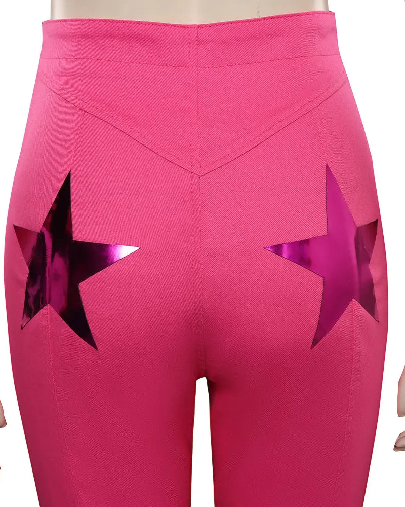Close-up of Kaia Fuchsia Star Costume Set's high-waist flared pants with metallic star cutouts.