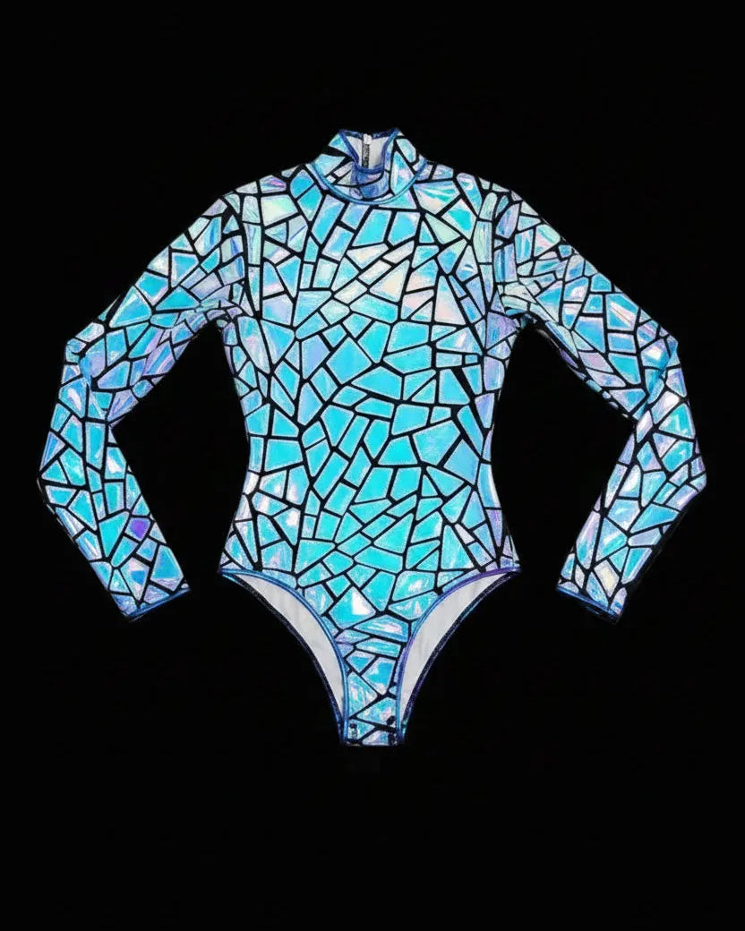 Melody Blue Geometric Mirror Bodysuit with holographic, color-shifting mirror vinyl panels and a second-skin fit.