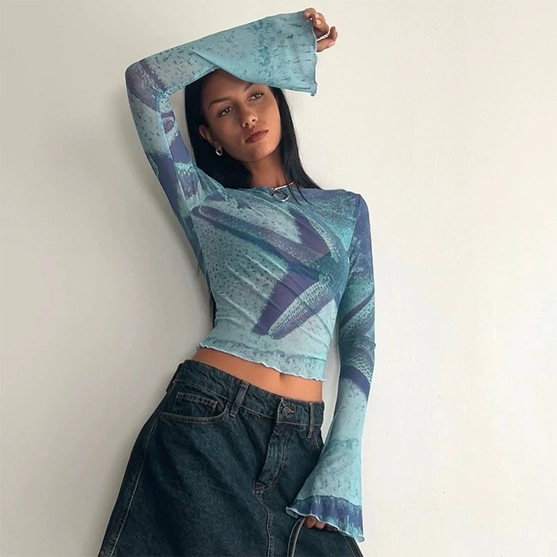 Mesh Crop Top Star in blue print, featuring flared sleeves and a fitted design, perfect for festival wear.