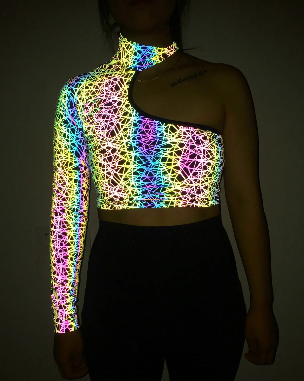 Mesh Holographic Reflective One Shoulder Crop Top