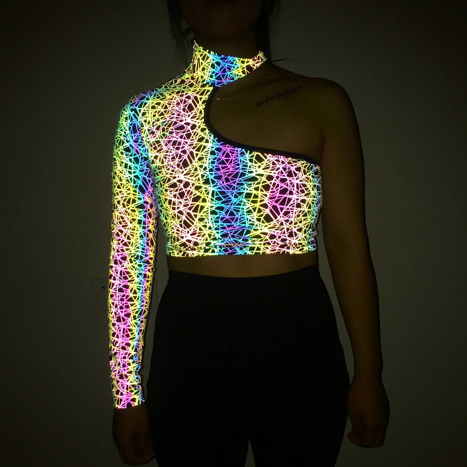 Mesh Holographic Reflective One Shoulder Crop Top