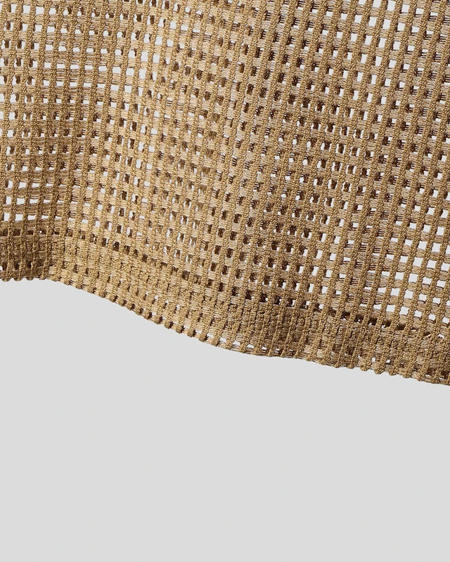 Close-up of a khaki mesh hooded tank top for men, showcasing its open-grid polyester material.