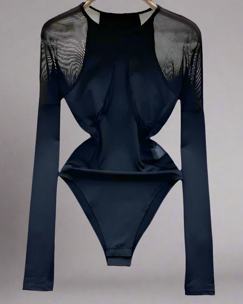 black Mesh Patchwork Bodysuit Long Sleeve Fashion One Piece Women Gothic Slim Jumpsuit Ins Fashion Festival Outfit Concert Rave outfits Rave Wear Festival Clothing