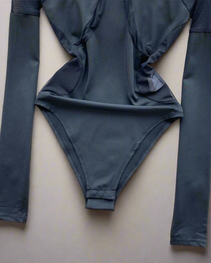 black Mesh Patchwork Bodysuit Long Sleeve Fashion One Piece Women Gothic Slim Jumpsuit Ins Fashion Festival Outfit Concert Rave outfits Rave Wear Festival Clothing