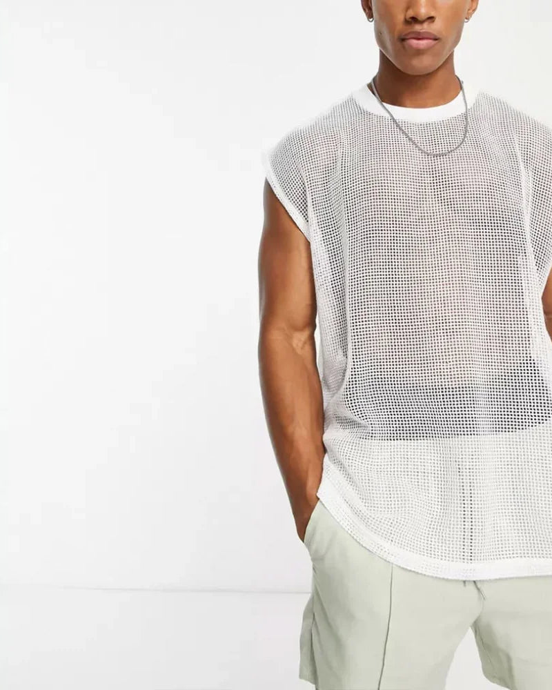white Men's Mesh See-Through Sleeveless Loose Shirt