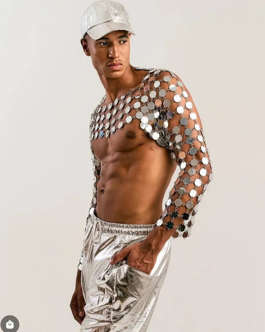 metal chain disc crop top close-up metallic reflective circular discs on stylish model