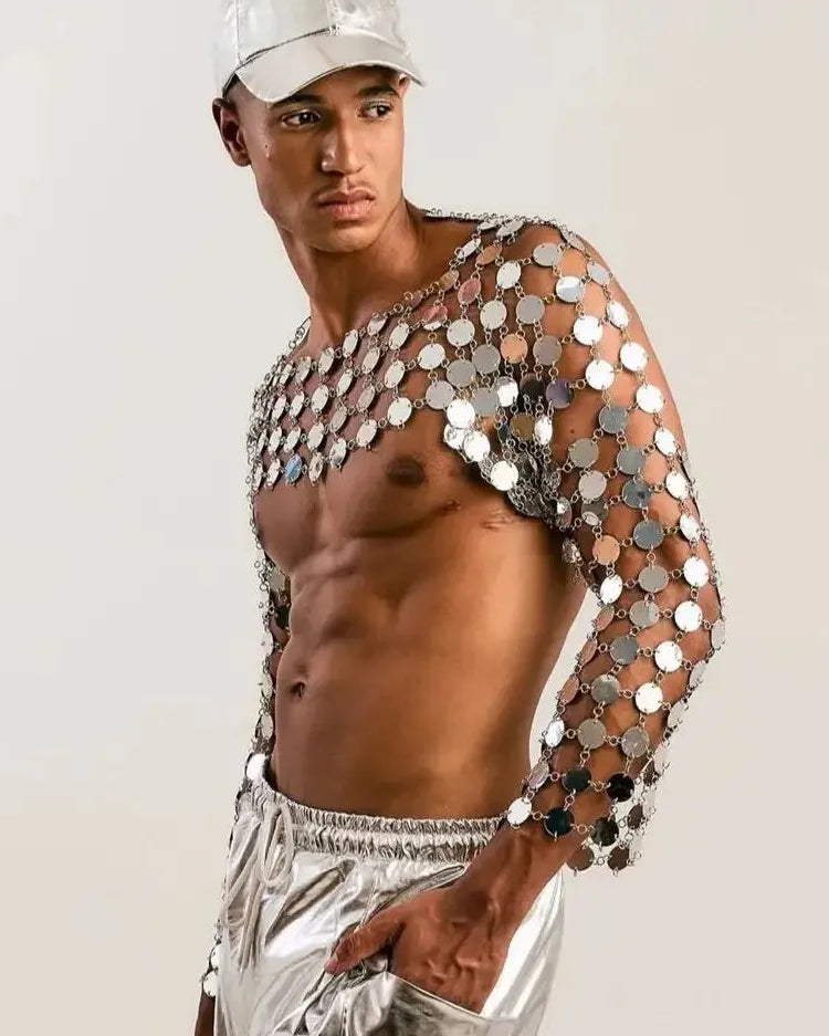 metal chain disc crop top close-up of silver circular discs reflecting light