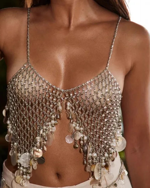 Metal Sequin Backless Bra with shimmering chain detail and stylish seashell accents, perfect for festivals.