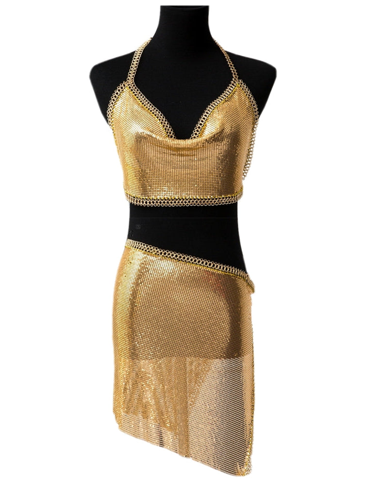 close-up of metallic top and skirt set in gold mesh for festivals and events
