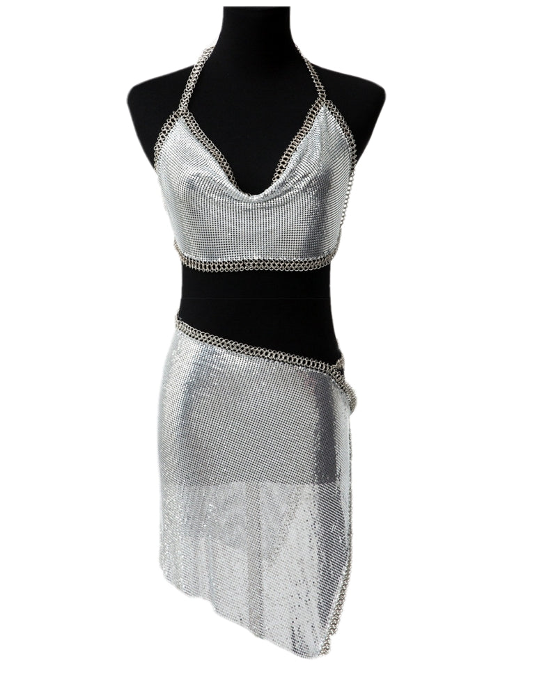 Sliver Metallic Top and Skirt Set