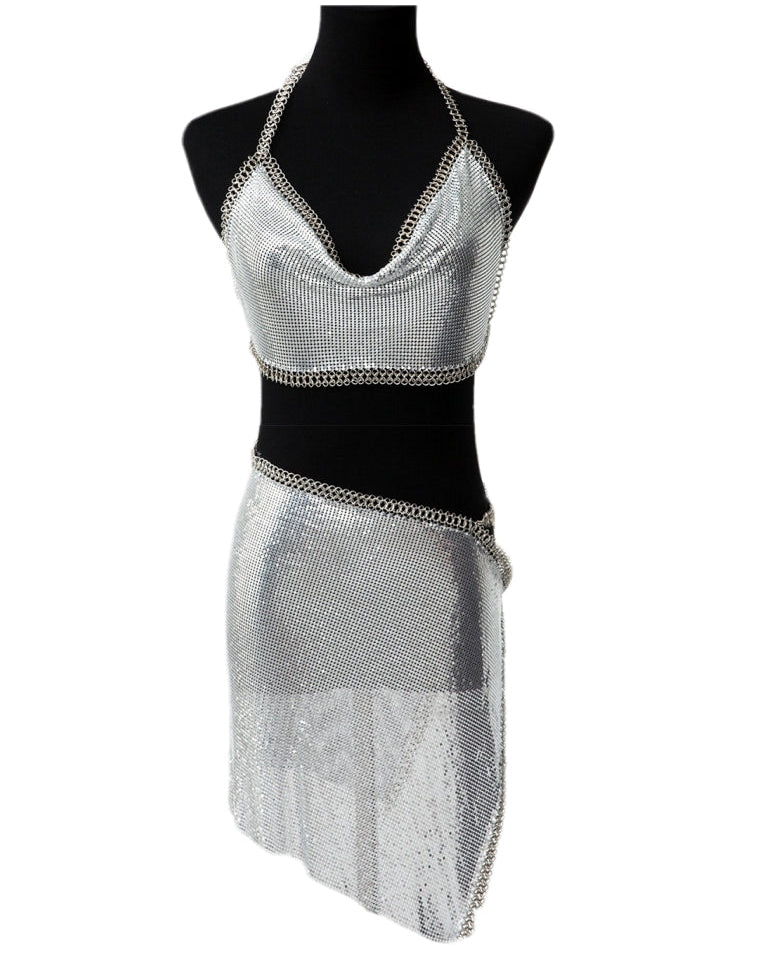 Sliver Metallic Top and Skirt Set
