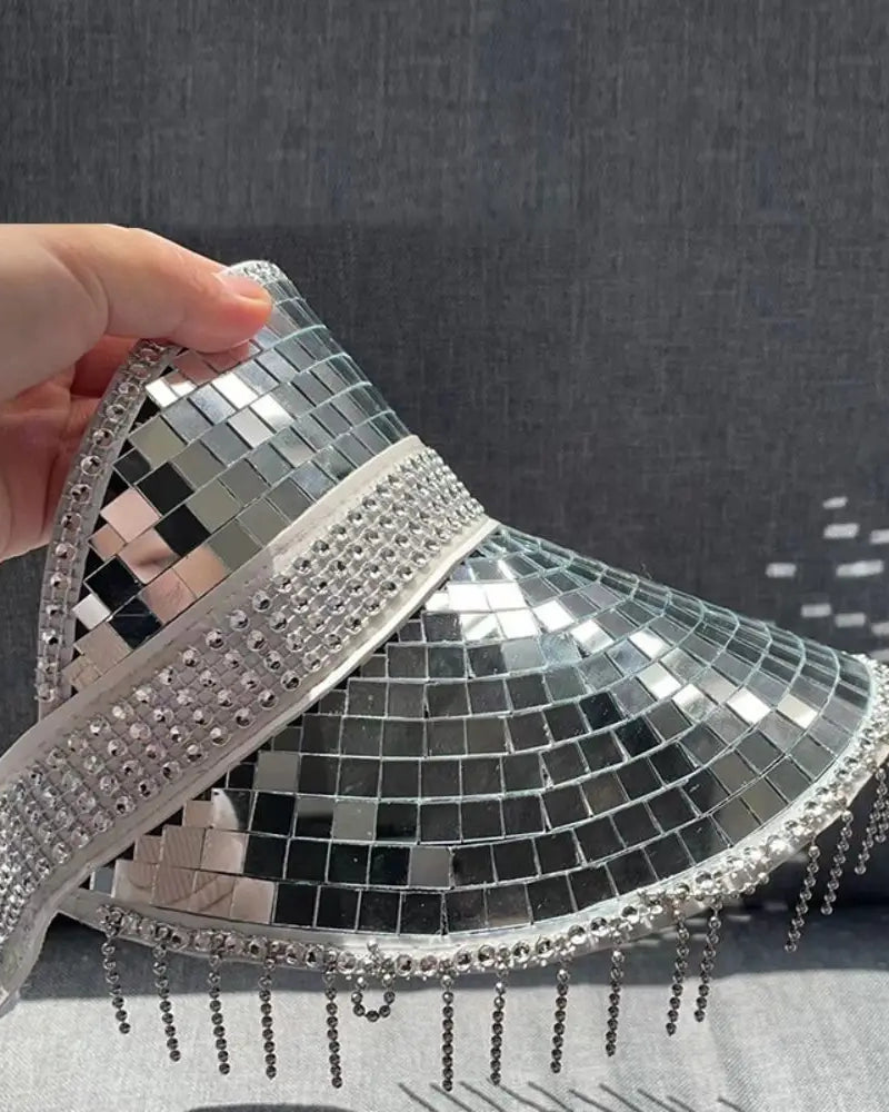 Mirror Disco Ball Visor Hat with Tassels