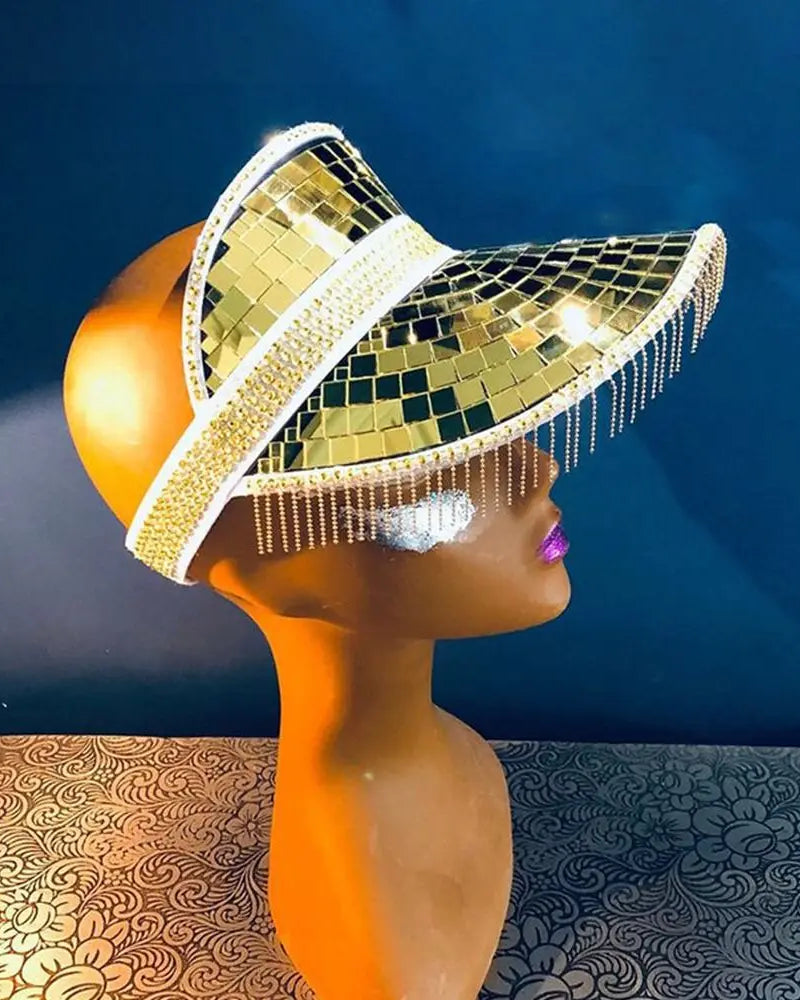 Mirror Disco Ball Visor Hat with Tassels