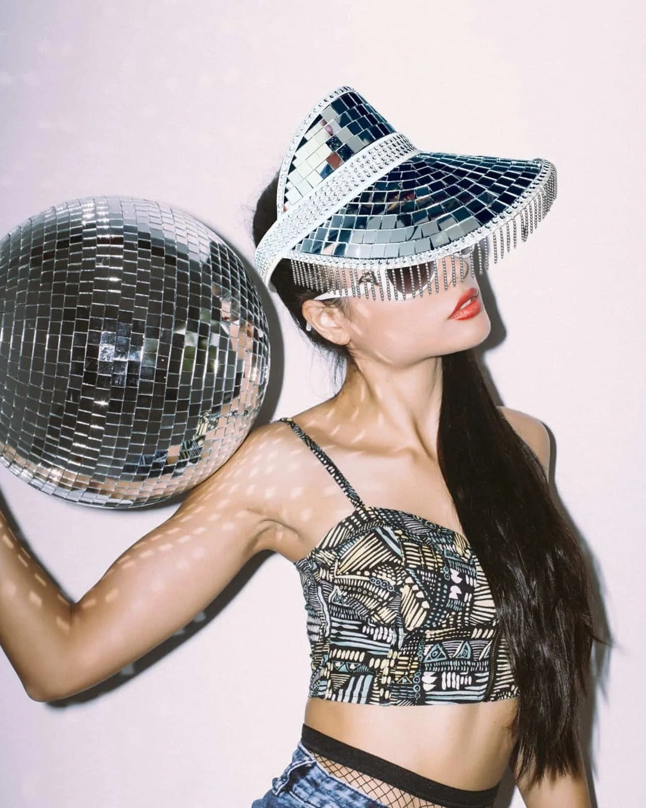 Mirror Disco Ball Visor Hat with Tassels