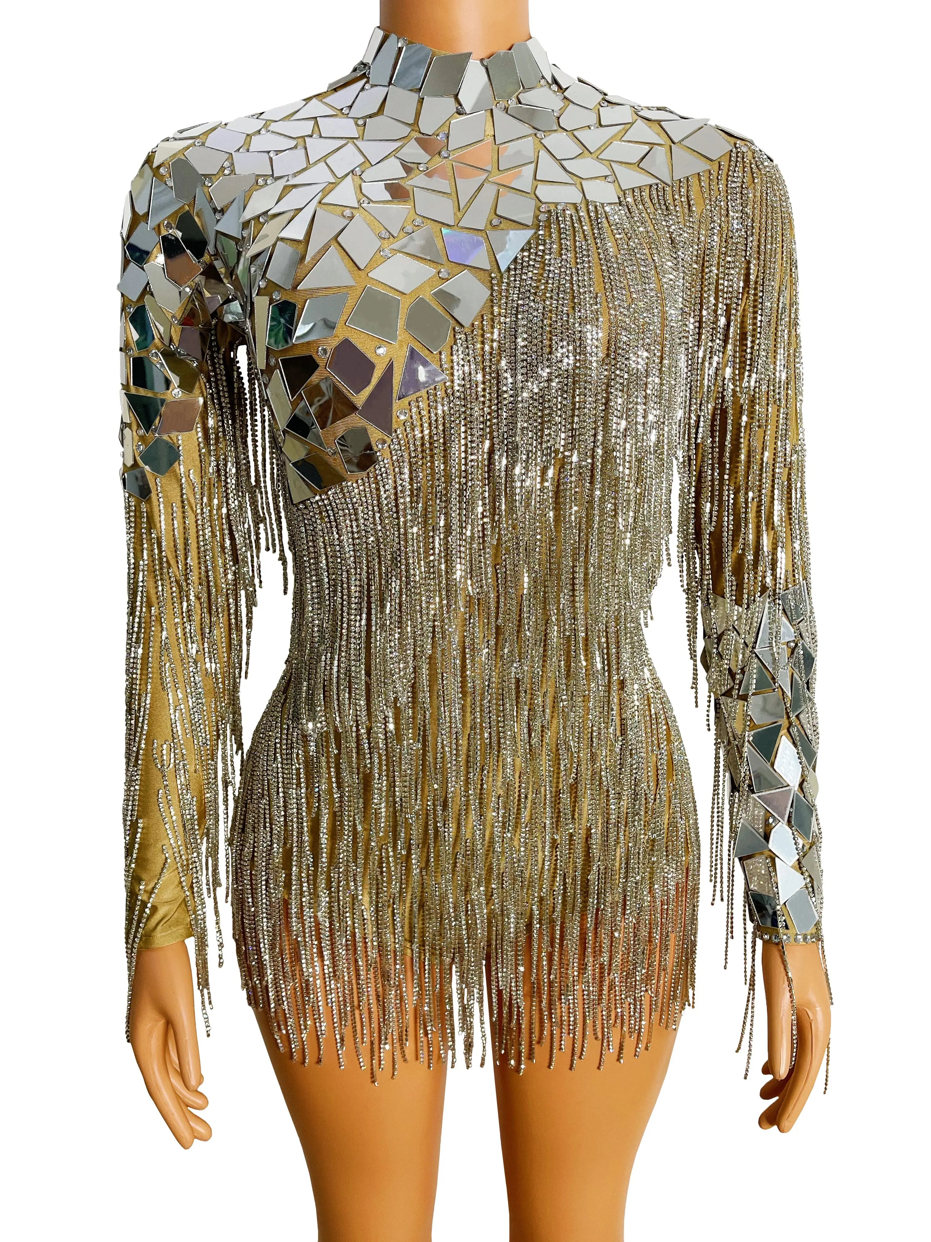 Mirror Rhinestone Chain Backless Bodysuit with dazzling mirror detailing and fringe embellishments.