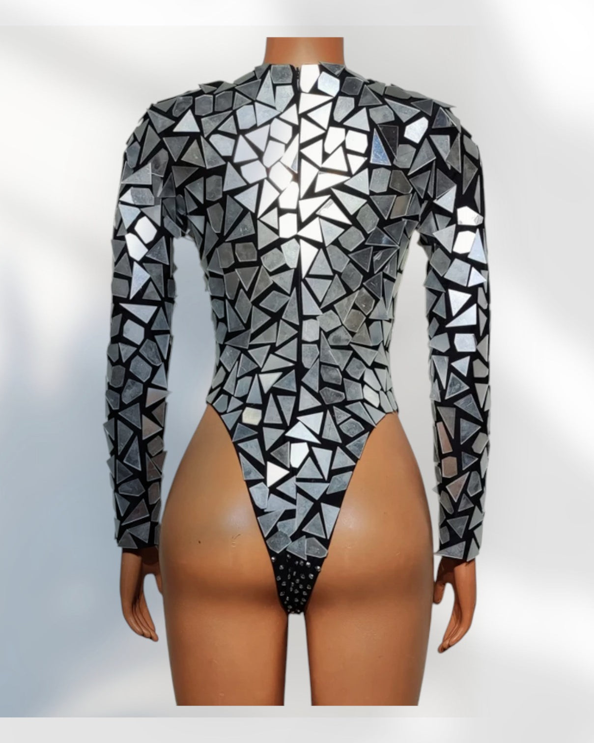 Mirror Rhinestone Bodysuit featuring reflective mirror details and rhinestones for stunning sparkle.