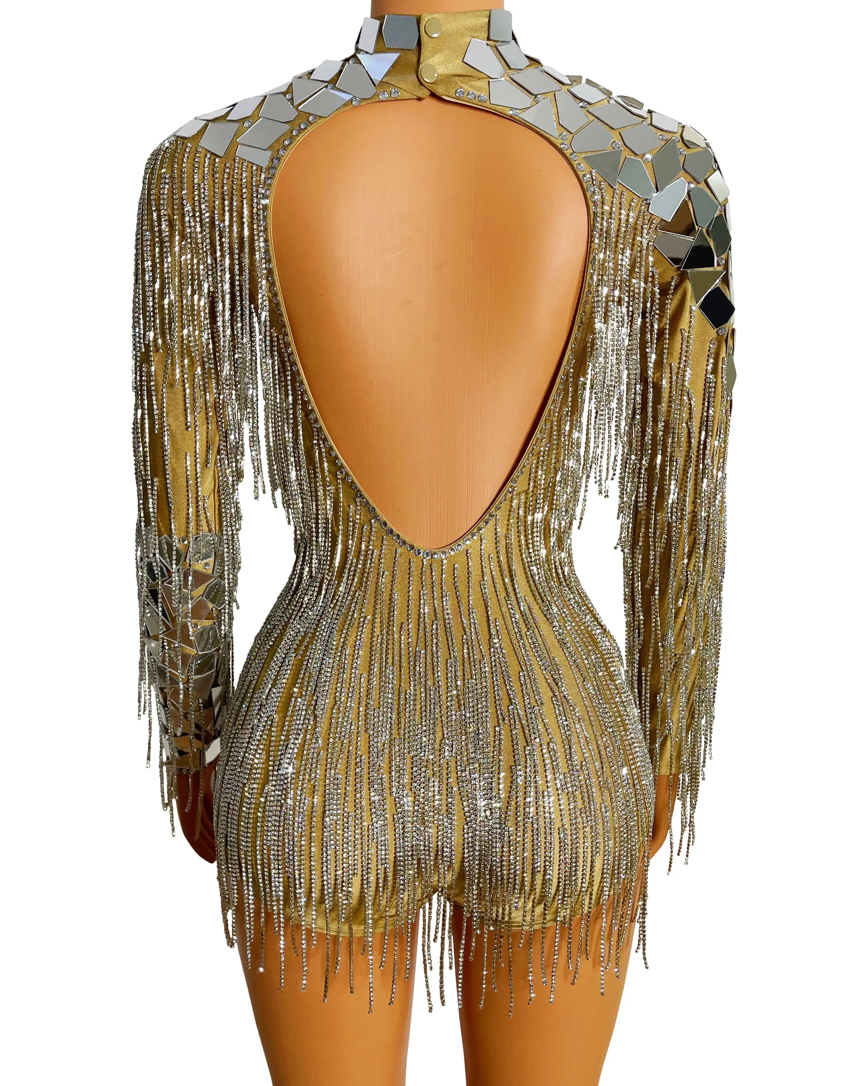Mirror Rhinestone Chain Backless Bodysuit