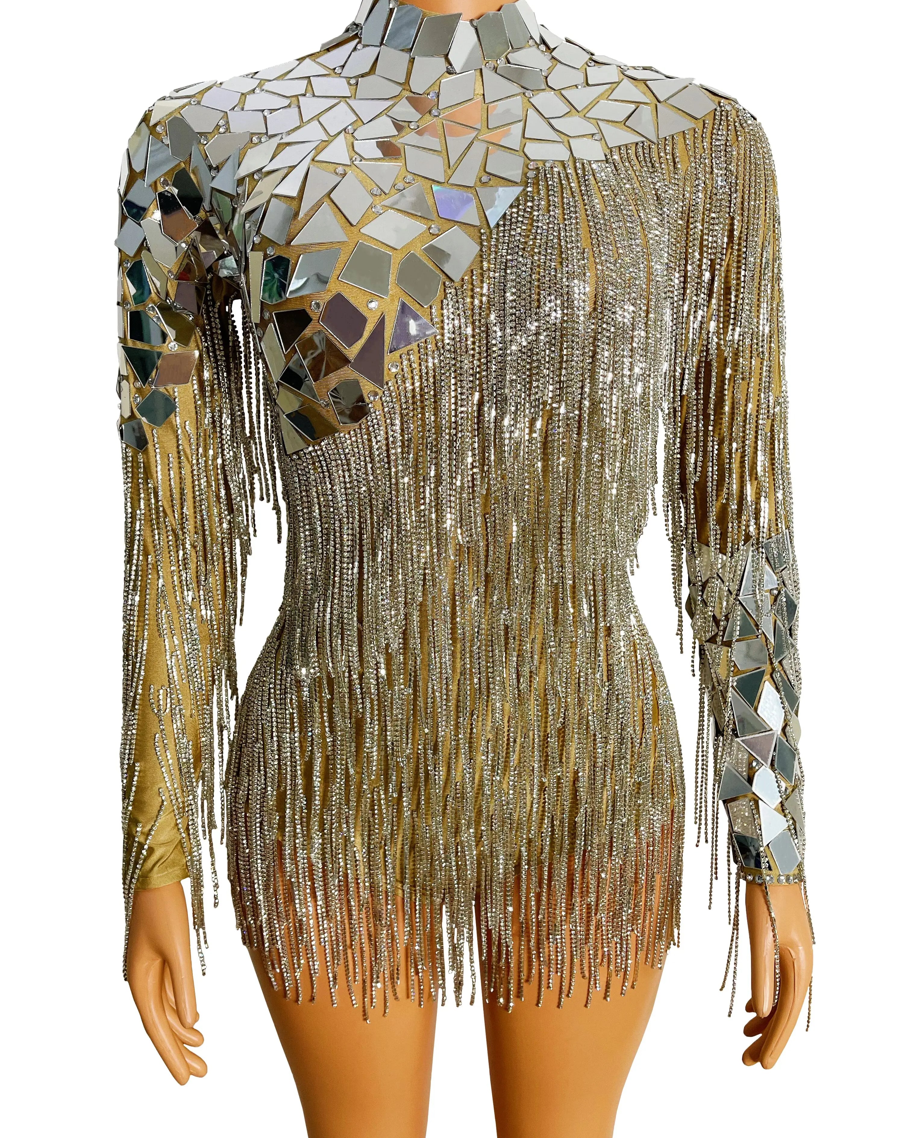 Mirror Rhinestone Chain Backless Bodysuit