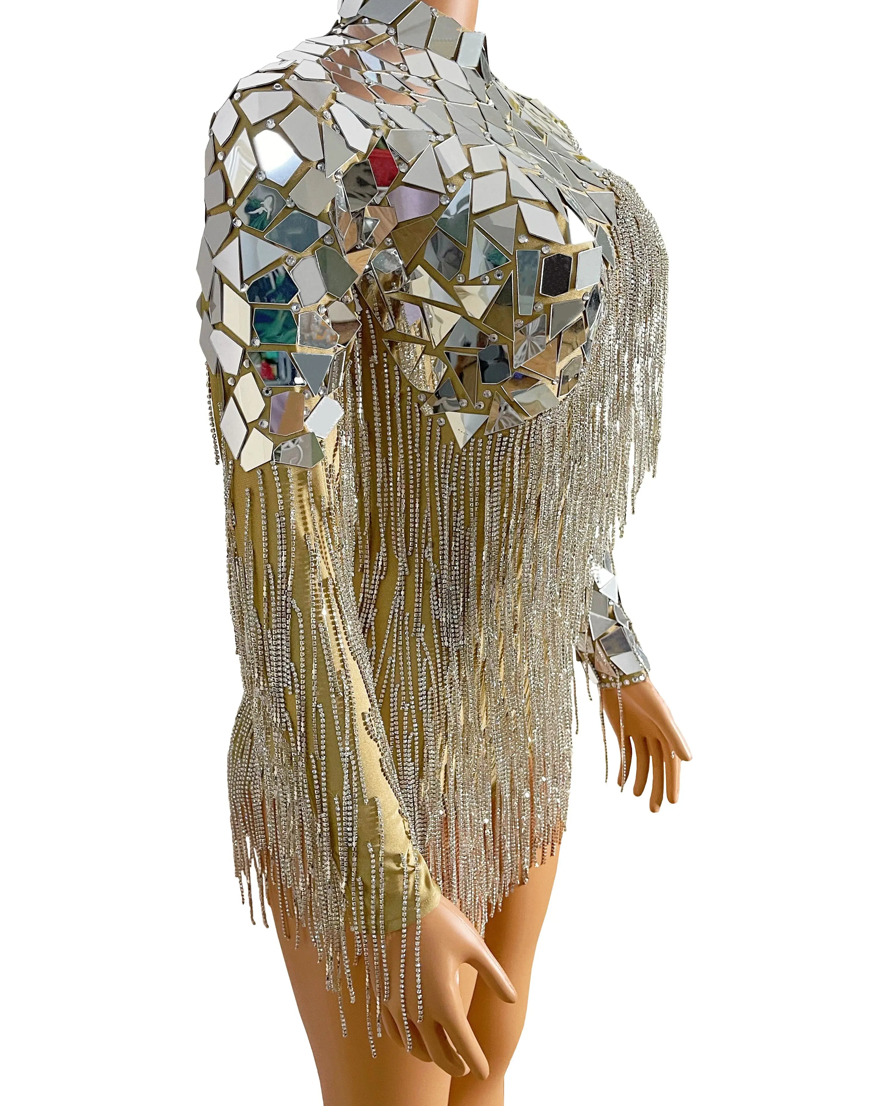 Mirror Rhinestone Chain Backless Bodysuit with mirror detailing and fringe embellishments.