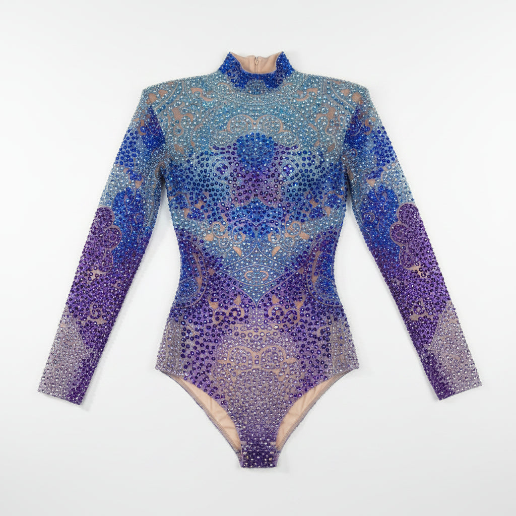 Skye Blue Rhinestone Bodysuit with long sleeves, hand-glued rhinestones, and sewn sequins.