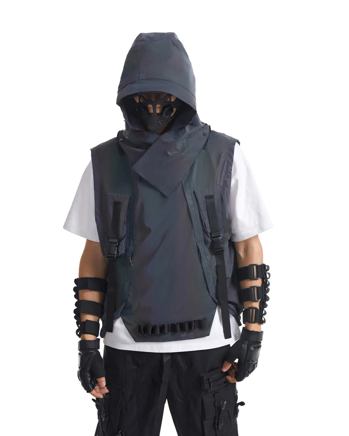 Multicolor reflective techno vest with hood, worn over a white t-shirt, featuring tactical straps and futuristic design.