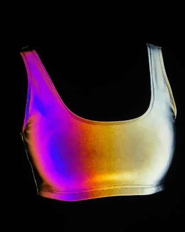 Multicolor reflective polyester crop top, showing iridescent rainbow hues on a dark background.