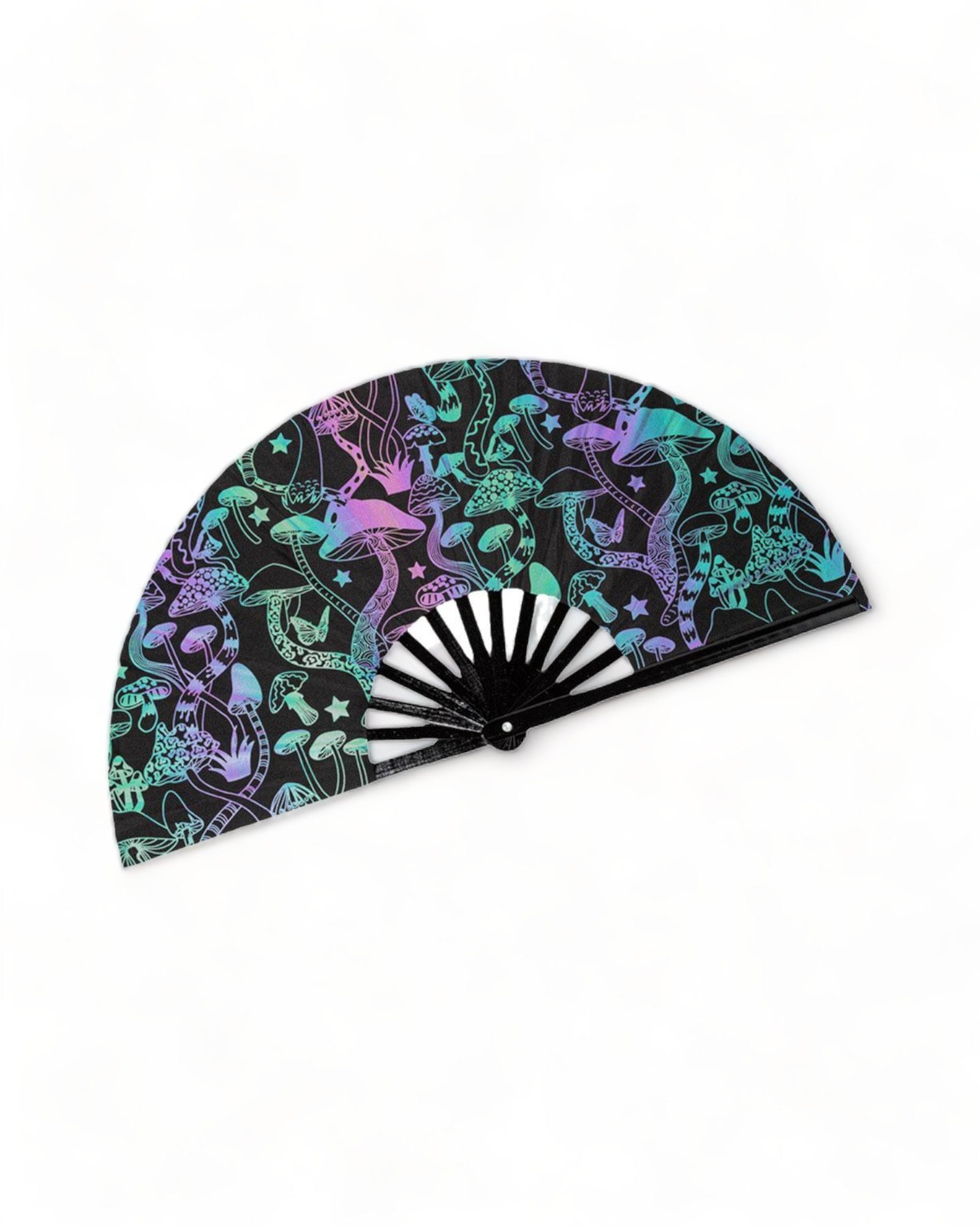 Folding Holographic Hand Fan with colorful design featuring stars and mushrooms, perfect for rave accessories.
