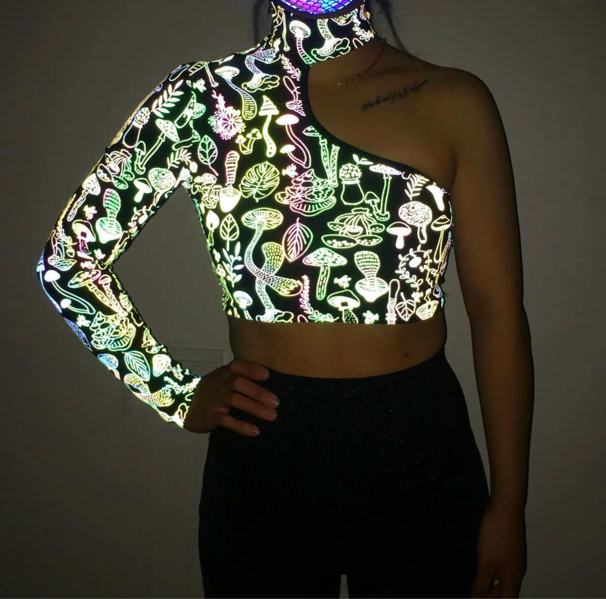 Mushroom Holographic Reflective One Shoulder Crop Top