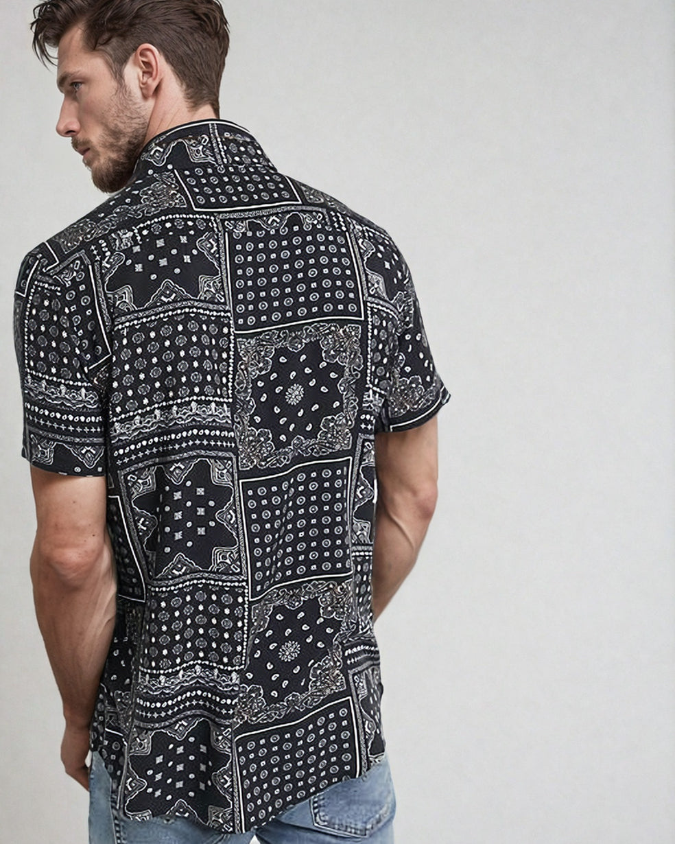 black and white short sleeve boho shirt