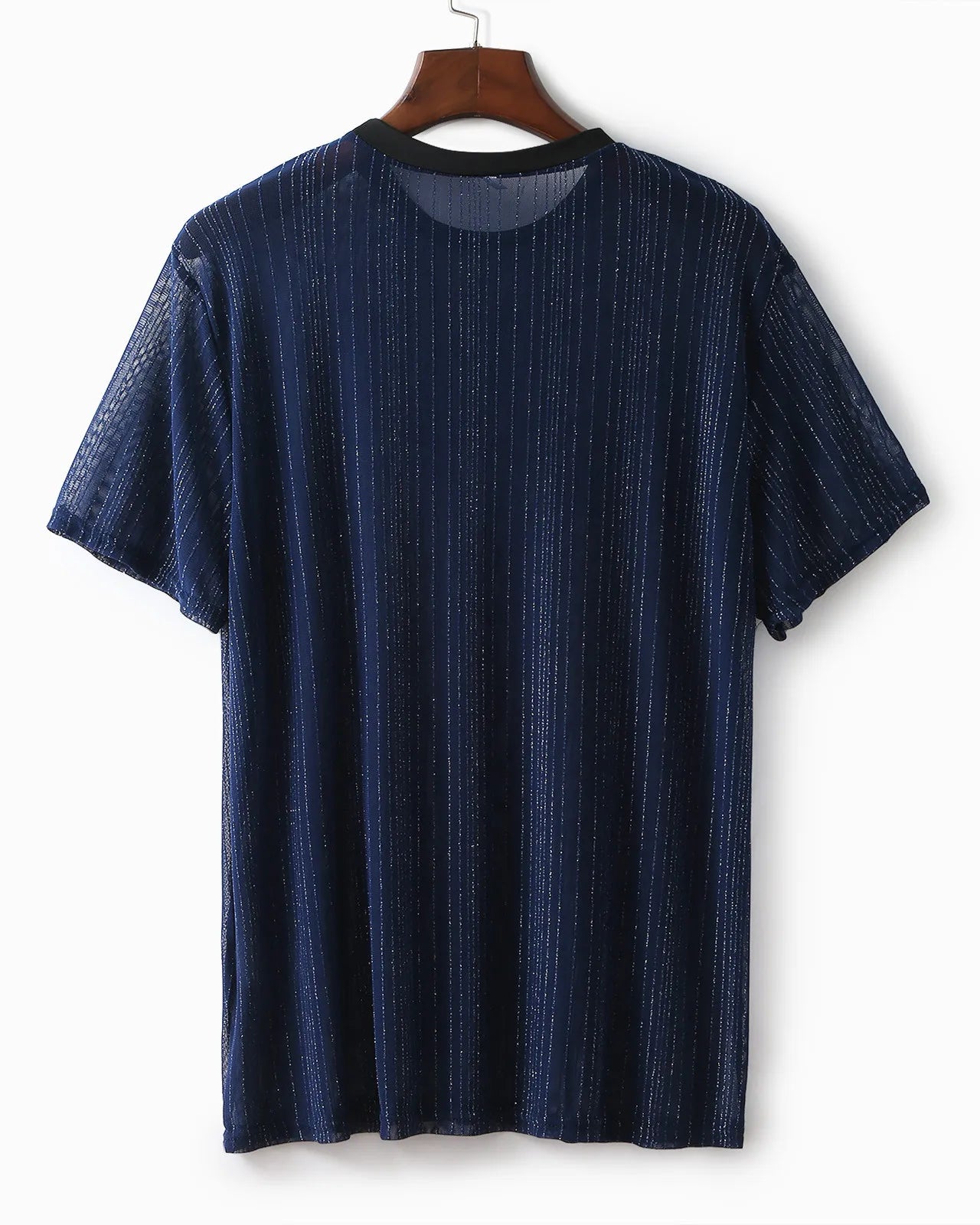 Shiny Mesh T-Shirt in navy color with textured fabric, ideal for festival outfits and breathable style.
