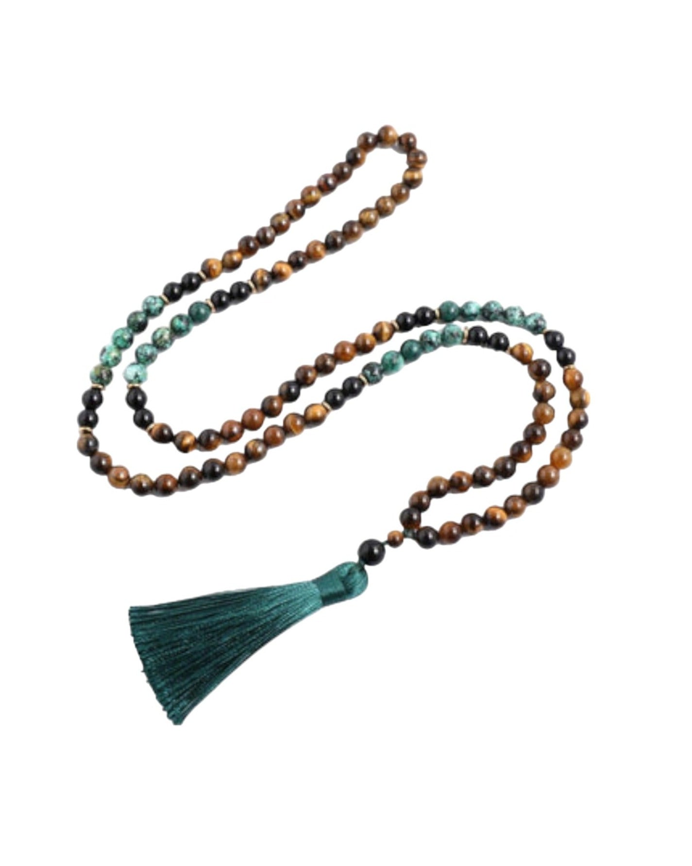 Yellow Tiger Necklace with African Turquoise, Yellow Tiger Eye, and Black Onyx, featuring a tassel.