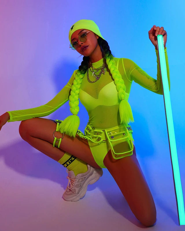 Neon Green Rave Bodysuit with Accessories