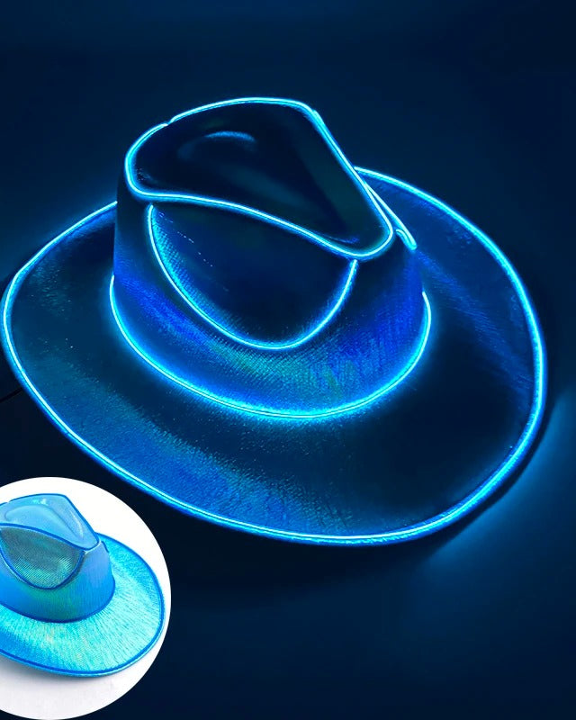 Neon Rancher Cowboy Hat with glowing blue accents, perfect for festivals and bold outfits.