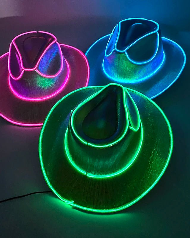 Neon Rancher Cowboy Hat in vibrant neon pink, blue, and green colors with glowing edges.