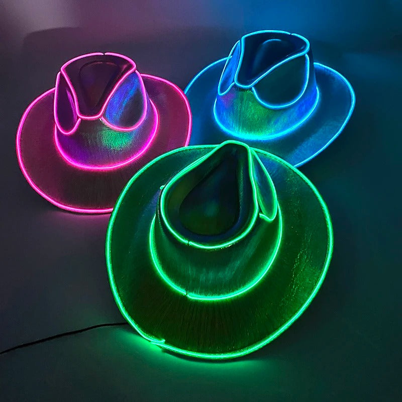 Neon Rancher Cowboy Hat in vibrant neon pink, blue, and green colors with glowing edges.