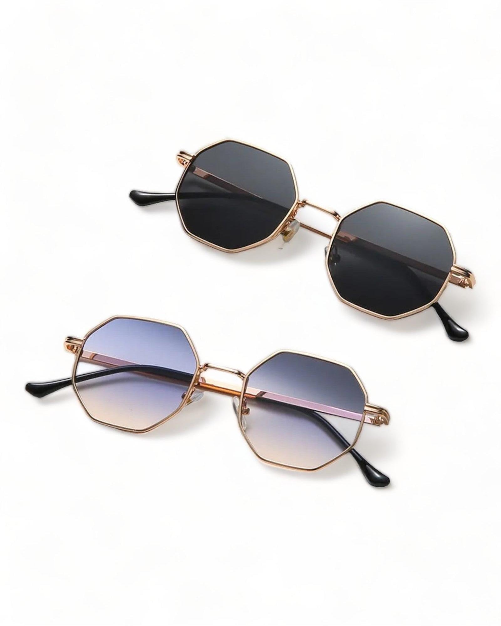 NEW YORK - Octagonal Geometric Metal Frame Sunglasses in black and gradient lenses.