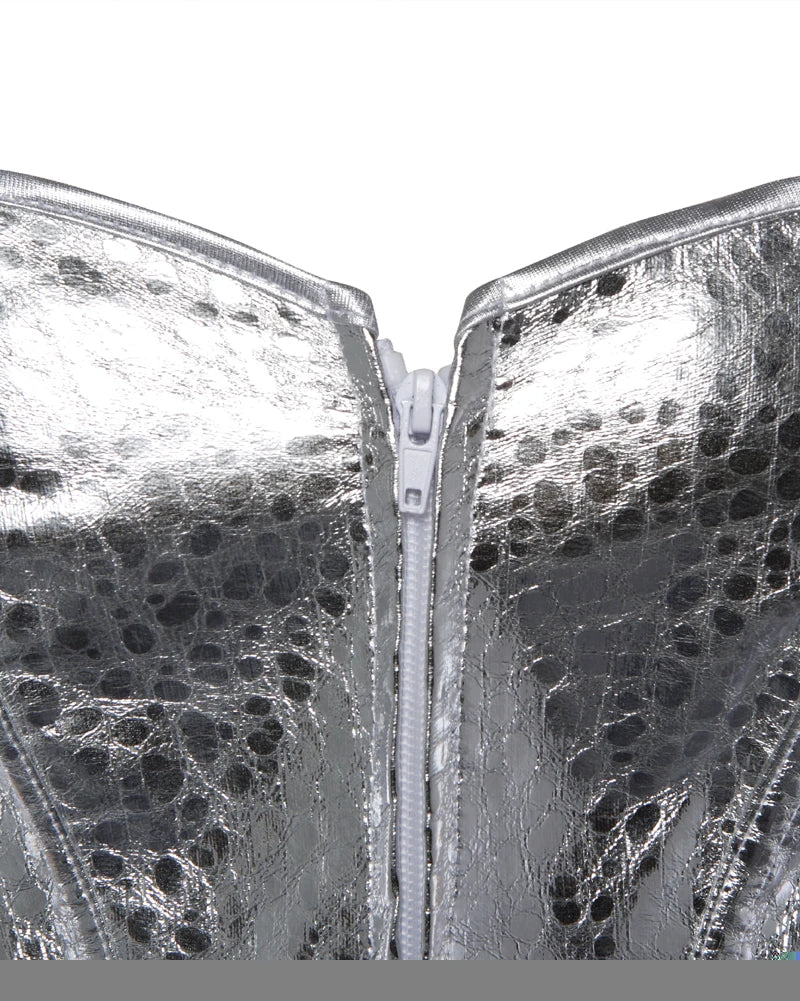 Nova Silver Snakeskin Corset Top with a metallic faux-snakeskin texture and front zipper closure.