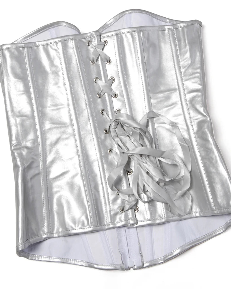 Silver faux-snakeskin corset top with boning, sweetheart neckline, front zipper, and lace-up detail.