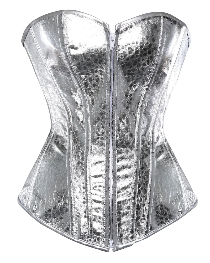 Nova Silver Snakeskin Corset Top: metallic faux-snakeskin bustier with a sweetheart neckline and front zipper.